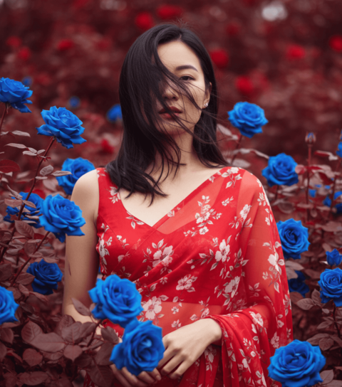 Red Floral Saree Cinematic Portrait